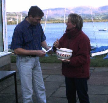 Karen the winner of the Grotty Potty for 'Designing' Paul's trousers